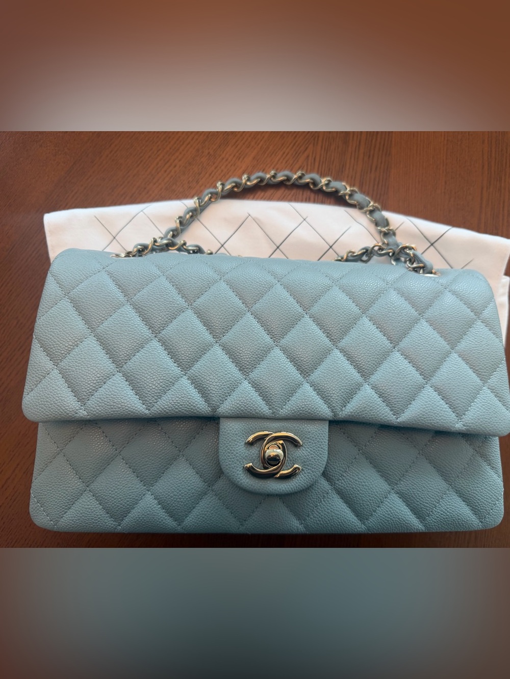 CHANEL Caviar Shoulder Bag in Pale Blue with Champagne Hardware